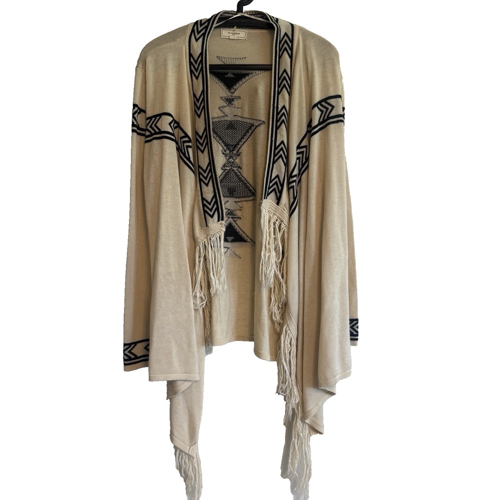 Womens Aztec Pattern Long Sleeve Open Cardigan Size L Fringe Boho Chic Festival